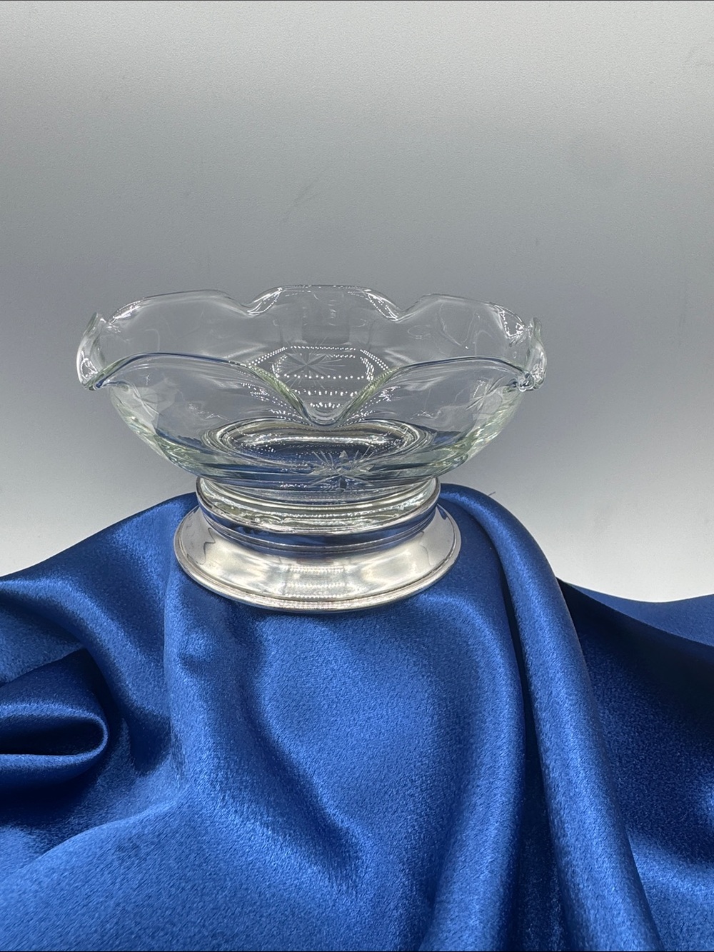 Clear Glass Scalloped  Bowl with Cut Glass Designs and Sterling base, Wallace?